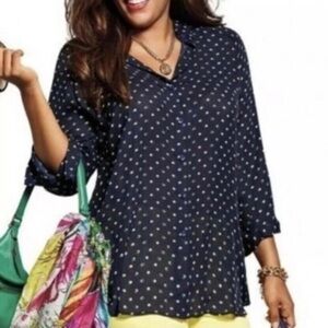 CAbi Martini Top Blouse Style #5019 Size Small Blue Green Button Front Polka Dot